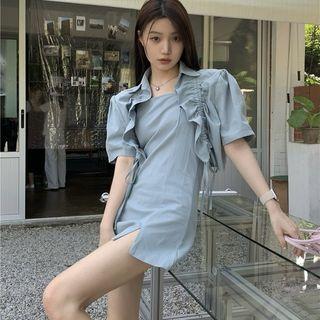 Short-sleeve Drawstring Open-front Top / Spaghetti Strap Mini Dress