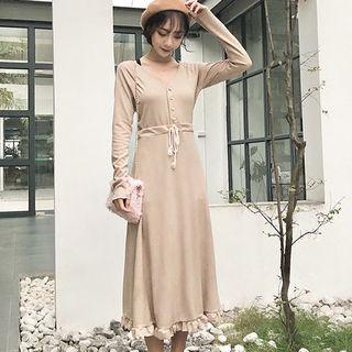 V-neck Tie-waist Long-sleeve Midi Dress