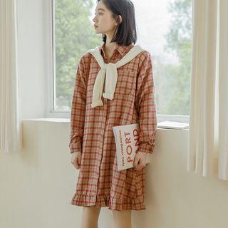 Plaid Long-sleeve Shirt Dress Red - One Size