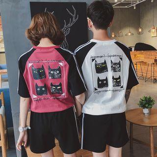 Couple Matching Short-sleeve Cat Print T-shirt / Contrast Trim Shorts