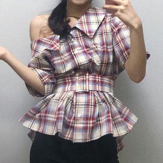 Short-sleeve Plaid Asymmetrical Blouse