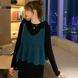 Set: Long-sleeve Midi Sheath Dress + Knit Vest