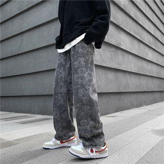 Bear Jacquard Straight Leg Jeans