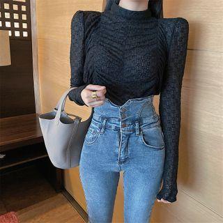 Ruched Mock-neck Long-sleeve Top - 4 Colors
