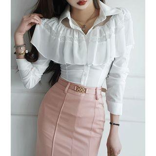 Sheer-panel Lace-trim Frilled Blouse