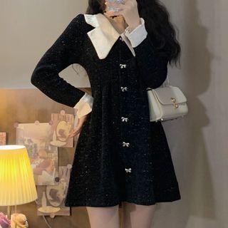 Long-sleeve Button-up Glitter Velvet Mini A-line Dress