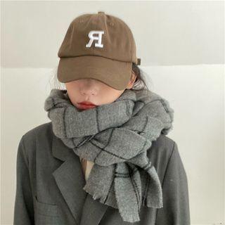 Plaid Fringed Scarf Dark Gray - One Size