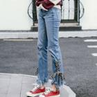 Fray Hem Lace Up Side Boot Cut Jeans