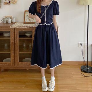Short-sleeve Contrast Trim Blouse / Midi A-line Skirt