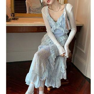 Spaghetti Strap Ruffled Midi Dress / Long-sleeve Shrug