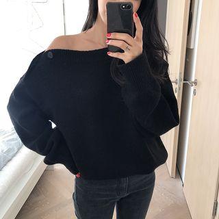Plain Off-shoulder Loose-fit Sweater