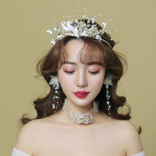Wedding Set: Faux Pearl Tiara + Choker + Dangle Earring Tiara & Choker & Earring - White - One Size