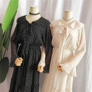 Layered Collar Print Long-sleeve A-line Dress