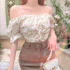 Cold-shoulder Floral Cropped Blouse Floral - White - One Size