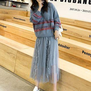 V-neck Striped Sweater / Mesh Midi A-line Skirt / Set