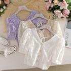V Collar Puff-sleeved Button Lace Shirt