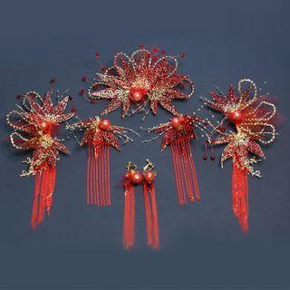 Set: Wedding Leaf Hair Comb + Hair Clip + Fringed Earring