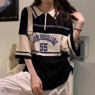 Elbow-sleeve Numbering Knit Polo Shirt Black & Off-white - One Size