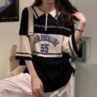 Elbow-sleeve Numbering Knit Polo Shirt Black & Off-white - One Size