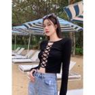 Long-sleeve Plain Lace-up Slim-fit Top Black - One Size