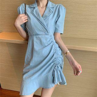 Puff Sleeve Drawstring Denim Sheath Dress