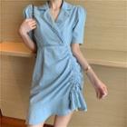 Puff Sleeve Drawstring Denim Sheath Dress