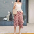 Set: V-neck Camisole Top + Flower Print Midi Skirt