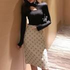 Long-sleeve Cut-out Top / Polka Dot H-line Skirt