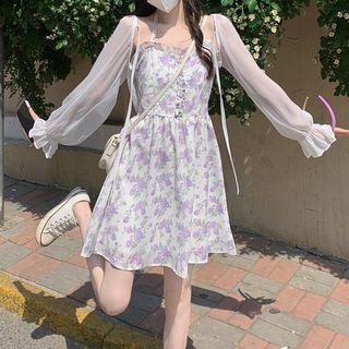 Spaghetti-strap Halter Floral A-line Dress / Light Jacket
