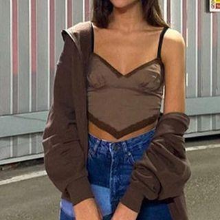 Lace Trim Asymmetric Spaghetti Strap Tank Top