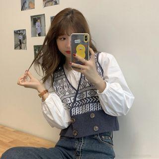 Pattern Double-breasted Sweater Vest / Balloon-sleeve Blouse / Set