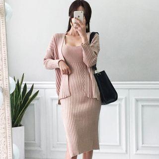Set: Sleeveless Rib-knit Midi Dress + Open-front Cardigan