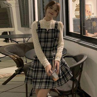 Long-sleeve Lace Panel Plaid Mini A-line Dress