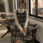 Long-sleeve Lace Panel Plaid Mini A-line Dress