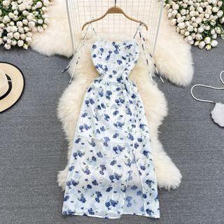 Bow Strap Floral Print Slit Dress