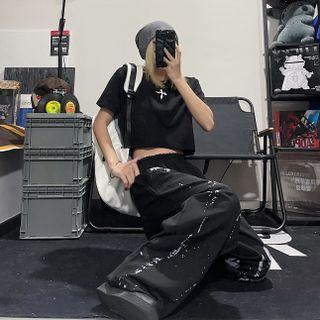 Short-sleeve Cross Print Cropped T-shirt / Splash Print Wide Leg Pants