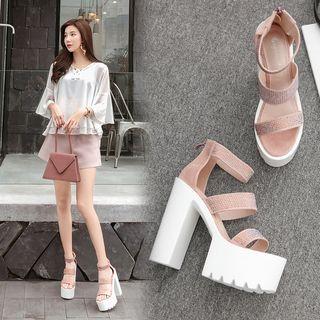 Rhinestone Band & Strap Chunky Heel Platform Sandals