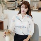Open-placket Puff-sleeve Patterned Shirt