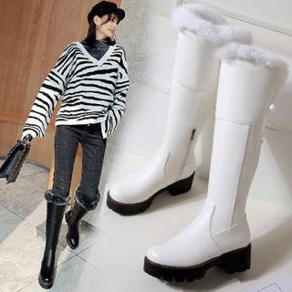 Platform Block Heel Faux Fur Trim Tall Boots