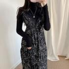 Long-sleeve Turtleneck Plain Top / Floral Lace Trim Overall Dress