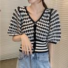 Contrast Color Puff-sleeve Cropped Knit Cardigan As Shown In Figure - One Size