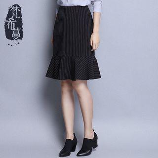Pinstriped Ruffle Hem Pencil Skirt