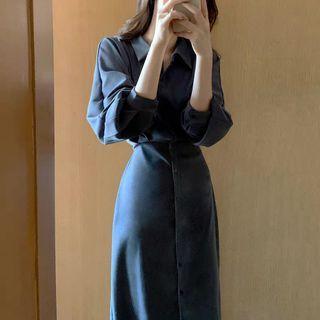 Lantern-sleeve Midi Sheath Shirtdress