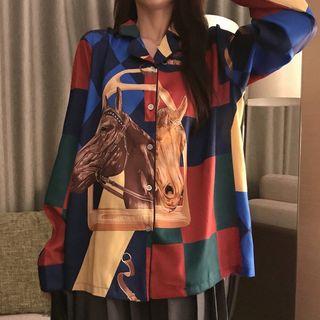 Long-sleeve Horse Printed Shirt As Shown In Figure - One Size