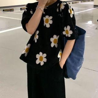 Short-sleeve Floral Print Knit Top As Shown In Figure - One Size