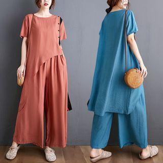 Set: Short-sleeve Long T-shirt + Wide Leg Pants
