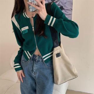 Striped Trim Cropped Zip-up Cardigan