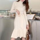 Long-sleeve Turtleneck Knit Dress White - One Size