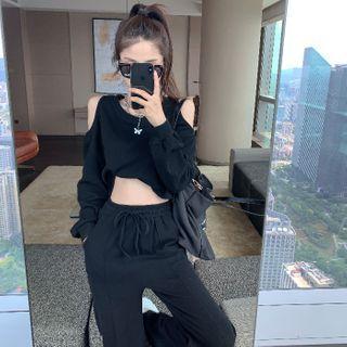Long-sleeve Cutout Plain Top / High-waist Plain Pants