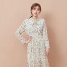 Long-sleeve Floral Midi Pleated Dress Floral - Almond - One Size